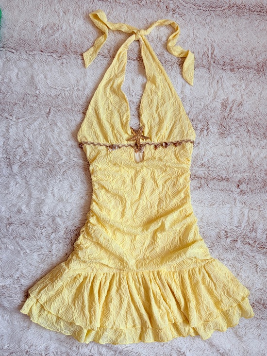 Vintage Dresses & Skirts - 🧚Fairycore Y2K Style Mermaid Butter Yellow Halter Mini Dress Coquette Beach Euro